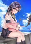  black_hair black_legwear black_skirt blue_sky blush breast_rest breasts brown_eyes cloud dated day from_side holding holding_weapon kantai_collection kneehighs long_hair looking_down medium_breasts ocean pier pleated_skirt school_uniform serafuku shirt short_sleeves skirt sky smoke solo tareme turret twitter_username ushio_(kantai_collection) weapon white_shirt yukiguni_yuu 