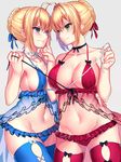 &gt;:) ahoge artoria_pendragon_(all) babydoll bangs bare_arms bare_shoulders black_bow black_neckwear blonde_hair blue_eyes blue_legwear blue_panties blue_ribbon blush bow braid breasts cleavage closed_mouth collarbone eye_contact fate/extra fate/stay_night fate_(series) finger_to_another's_cheek frilled_panties frills gendo0032 green_eyes grey_background hair_intakes hair_ribbon halterneck holding index_finger_raised large_breasts lingerie looking_at_another medium_breasts multiple_girls navel nero_claudius_(fate) nero_claudius_(fate)_(all) panties red_legwear red_panties red_ribbon ribbon saber see-through short_hair sideboob simple_background smile stomach sweat thighhighs underwear underwear_only v-shaped_eyebrows white_bow white_neckwear 