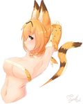  [joosi] animal_ears armpits arms_behind_head artist_name bandeau bow bowtie breasts covered_nipples elbow_gloves gloves highres kemono_friends large_breasts looking_at_viewer navel orange_hair serval_(kemono_friends) serval_ears serval_print serval_tail short_hair sketch solo tail transparent_background upper_body yellow_eyes 