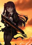  bangs black_gloves black_legwear blush breasts brown_hair bullpup closed_mouth commentary_request cropped_jacket double-breasted evening eyebrows_visible_through_hair girls_frontline gloves gun hair_ribbon high-waist_skirt holding holding_gun holding_weapon long_hair long_sleeves looking_at_viewer lunacats medium_breasts necktie one_side_up outdoors panties pantyhose purple_eyes red_neckwear red_ribbon ribbon rifle scope sidelocks skirt sniper_rifle solo thighband_pantyhose thighs trigger_discipline underwear wa2000_(girls_frontline) walther walther_wa_2000 weapon 