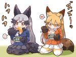  aburaage animal_ears black_gloves black_skirt blonde_hair blue_jacket bow bowtie chopsticks commentary_request donbee_(food) eating eighth_note extra_ears ezo_red_fox_(kemono_friends) food fox_ears fox_tail gloves gradient_hair gradient_legwear heart holding holding_chopsticks jacket kemono_friends kemonomimi_mode long_hair multicolored_hair multiple_girls musical_note necktie nigiribashi nissin noodles orange_eyes orange_jacket pantyhose partial_commentary pleated_skirt product_placement seiza shoes silver_fox_(kemono_friends) silver_hair sitting skirt speech_bubble spoken_heart spoken_musical_note tail tanaka_kusao white_skirt 