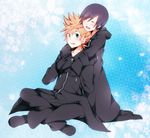  1girl bad_id bad_pixiv_id black_coat_(kingdom_hearts) black_hair blonde_hair blue_eyes cloak closed_eyes full_body gloves karudoll kingdom_hearts kingdom_hearts_358/2_days kingdom_hearts_ii organization_xiii roxas short_hair xion_(kingdom_hearts) 