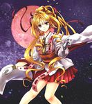  absurdres blonde_hair bow chess_piece closed_mouth cropped_legs cross earrings full_moon ginnan gloves hair_bow hair_intakes highres holding jewelry kaitou_jeanne kamikaze_kaitou_jeanne knight_(chess) kusakabe_maron long_hair looking_at_viewer magical_girl moon pleated_skirt ponytail red_bow red_eyes red_moon red_skirt skirt smile solo white_gloves 