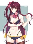  artist_name bangs between_breasts bikini black_bikini blunt_bangs blush bow breasts brown_legwear checkered checkered_bikini commentary_request cowboy_shot damda eyebrows_visible_through_hair girls_frontline hair_bow hair_twirling large_breasts long_hair looking_at_viewer navel one_side_up parted_lips pink_bow purple_hair side-tie_bikini solo swimsuit thighhighs thighs tsurime very_long_hair wa2000_(girls_frontline) 