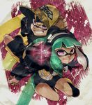  1girl artist_name bangs baseball_cap bike_shorts black_footwear black_shorts blonde_hair blunt_bangs closed_mouth comi_(isamu-ki) dark_skin domino_mask from_above full_body green_hair grin hand_on_headwear hat headphones holding_hands inkling inkling_(language) isamu-ki_(yuuki) long_hair looking_at_viewer looking_back mask original paint_splatter pointy_ears purple_eyes sharp_teeth shoes shorts signature single_vertical_stripe smile sparkle splatoon_(series) squidbeak_splatoon standing teeth tentacle_hair yellow_hat yen_(isamu-ki) 