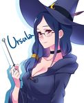  1girl black_choker blue_hair blush breasts character_name choker glasses hat little_witch_academia long_hair looking_at_viewer negom red_eyes solo ursula_charistes wand witch_hat 