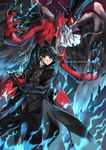  amamiya_ren arsene_(persona_5) artist_name black_cape black_eyes black_hair black_hat black_pants black_shirt cape feathered_wings gloves grin hair_between_eyes hat holding holding_mask male_focus mask pants persona persona_5 red_gloves shirt smile standing ten-chan_(eternal_s) water wings 