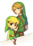  black_eyes blonde_hair blue_eyes boots brown_footwear earrings eyebrows_visible_through_hair eyes_visible_through_hair hat jewelry link looking_back male_focus multiple_boys pointy_ears pouch sitting the_legend_of_zelda the_legend_of_zelda:_the_wind_waker the_legend_of_zelda:_twilight_princess toon_link tunic wusagi2 