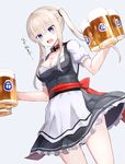  alcohol alternate_costume apron bangs beer beer_mug black_dress blonde_hair blue_background blue_eyes blush bow breasts cleavage collar cowboy_shot cup dirndl dress dutch_angle eyebrows_visible_through_hair frilled_dress frills german_clothes graf_zeppelin_(kantai_collection) hair_tie highres holding holding_cup iron_cross kantai_collection long_hair looking_down medium_breasts red_bow sash short_sleeves sidelocks simple_background solo standing sweat translated twintails waist_apron white_apron xenonstriker 