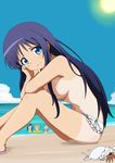  aigae_yuzuha beach bikini bikini_top_removed blue_eyes blue_hair blush breasts day frilled_bikini frills from_side gobanme_no_mayoi_neko gotou_jun highres kaneshiro_sora long_hair looking_at_viewer medium_breasts momijidani_nozomi multiple_girls ocean one-piece_tan outdoors sideboob sitting sky smile solo_focus sun swimsuit tan tanline tenshi_no_3p! topless very_long_hair 