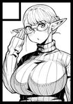  adjusting_eyewear black_border border breasts circle_cut cropped elf elf-san_wa_yaserarenai. erufuda-san glasses greyscale hand_on_own_cheek huge_breasts long_pointy_ears looking_at_viewer monochrome open_mouth plump pointy_ears ribbed_sweater simple_background solo sweater synecdoche triangle_mouth turtleneck turtleneck_sweater 