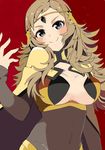  absurdres ariaridoradora blush bodystocking breasts brown_hair cape circlet cleavage cleavage_cutout closed_mouth covered_navel fire_emblem fire_emblem_if grey_eyes hand_up head_tilt highres long_hair long_sleeves looking_at_viewer medium_breasts ophelia_(fire_emblem_if) red_background simple_background sleeves_past_wrists smile solo upper_body yellow_cape 