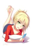  :d ass barefoot black_shorts blonde_hair breasts cellphone cleavage collarbone eyebrows_visible_through_hair fate/apocrypha fate_(series) green_eyes hair_ornament highres holding holding_phone looking_at_viewer lying medium_breasts mordred_(fate) mordred_(fate)_(all) on_stomach open_mouth phone red_shirt shenhai_(2556146833) shirt short_hair shorts signature simple_background smartphone smile solo the_pose white_background 