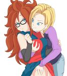  android_18 android_21 black-framed_eyewear blue_eyes breast_grab breasts brown_hair caisamax curly_hair deep_skin detached_sleeves dragon_ball dragon_ball_fighterz dress dress_lift earrings flat_color glasses grabbing groin highres jewelry long_hair medium_breasts multiple_girls rape_face short_hair tsurime yuri 