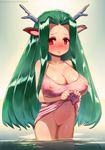 animal_ears antlers breasts carbon12th cleavage commentary covered_nipples cowboy_shot deer_ears dress dress_lift green_hair halterneck heart heart-shaped_pupils highres huge_breasts lifted_by_self long_hair looking_at_viewer original pink_dress pussy red_eyes reflection see-through solo symbol-shaped_pupils very_long_hair wading water wet wet_clothes wet_dress 
