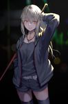  absurdres arm_behind_head arm_up artoria_pendragon_(all) bangs belt belt_buckle black_jacket black_legwear black_shorts blonde_hair blurry blurry_background buckle cowboy_shot fate/grand_order fate_(series) hair_ribbon hand_in_pocket highres holding jacket jewelry long_hair long_sleeves looking_at_viewer necklace ponytail ribbon rolua saber_alter shorts sidelocks smile solo sparkle thighhighs yellow_eyes 