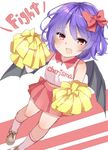 alternate_costume bangs bat_wings black_wings blush bow brown_eyes cheerleader dutch_angle eyebrows_visible_through_hair hair_bow heart karasusou_nano looking_at_viewer open_mouth pink_skirt pleated_skirt pom_poms purple_hair red_bow remilia_scarlet shoes short_hair skirt sleeveless socks solo standing sweat touhou wings 