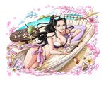 :d bikini bird black_hair blue_eyes bodskih book bracelet breasts cleavage collarbone crab eyewear_on_head flower island jewelry large_breasts long_hair looking_at_viewer lying nico_robin on_side one_piece open_book open_mouth pink_flower sarong smile solo starfish sunglasses swimsuit transparent_background water 