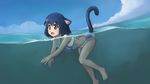  :o animal_ears barefoot blue_hair blush cat_ears cat_girl cat_tail cyan_(show_by_rock!!) dog_paddle fang green_eyes highres ocean open_mouth paintrfiend partially_submerged partially_underwater_shot short_hair show_by_rock!! sky solo swimming swimsuit tail water wet wet_hair 
