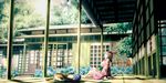  architecture ball brown_hair cat clothesline east_asian_architecture floral_print flower hare_(qing) hydrangea japanese_clothes kimono looking_up original outdoors porch profile scenery shadow sitting temari_ball wind_chime 