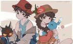  1girl :&lt; :3 ^_^ bare_shoulders beige_background blush braid brown_eyes brown_hair brown_hat brown_jacket bucket_hat cat closed_eyes closed_mouth collarbone commentary copyright_name earrings flower fringe_trim gen_7_pokemon hat hat_flower hibiscus hug jacket jewelry kawacy litten long_hair long_sleeves looking_at_viewer looking_to_the_side mizuki_(pokemon) necklace off_shoulder open_clothes open_jacket parted_lips pendant poke_ball_print pokemon pokemon_(creature) pokemon_(game) pokemon_usum popplio red_eyes red_hat shawl sitting stud_earrings sun_hat tank_top tareme triangle_mouth twin_braids two-tone_background work_in_progress yellow_sclera you_(pokemon) 