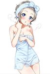  :o alternate_hairstyle blue_eyes blue_towel blush breasts brown_hair cleavage commentary cowboy_shot forehead highres looking_at_viewer love_live! love_live!_sunshine!! medium_breasts naked_towel open_mouth rozen5 short_hair simple_background solo standing steam teeth towel towel_on_head watanabe_you wet white_background 
