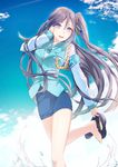  black_hair blue_eyes blush breasts cloud cloudy_sky commentary_request cosmicsnic day hair_ornament highres krt_girls long_hair looking_at_viewer medium_breasts one_side_up pencil_skirt removing_shoes simple_background skirt sky smile solo splashing water xiao_qiong 