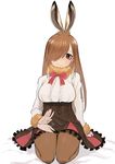  afterimage animal_ears bad_id bad_pixiv_id beckoning bow bowtie brown_eyes brown_hair brown_legwear brown_skirt bunny_ears commentary_request european_hare_(kemono_friends) extra_ears frilled_shirt frilled_skirt frills fur-trimmed_sleeves fur_collar fur_trim hair_over_one_eye hand_on_own_thigh highres juz kemono_friends lap_pillow_invitation long_hair long_sleeves looking_at_viewer pantyhose patting_lap red_bow red_neckwear seiza shirt simple_background sitting skirt smile solo white_background white_shirt 
