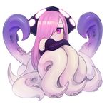  black_gloves blush child closed_mouth commission crossed_arms dress elbow_gloves full_body gloves hair_over_one_eye highres kraken_(monster_girl_encyclopedia) leg_hug long_hair looking_at_viewer monster_girl monster_girl_encyclopedia pink_eyes pink_hair purple_dress purple_gloves scylla simple_background sitting smile solo sookmo suction_cups tentacles white_background 