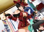  1girl bare_shoulders black-framed_glasses black_hair blue_eyes blush breasts camera cleavage clownculture cosplay cum dress electric_guitar embarrassed erect_nipples facial figure fingerless_gloves glasses gloves guilty_gear guitar hat highres holding holding_guitar i-no i-no_(cosplay) indoors instrument large_breasts legs looking_at_viewer mole mole_above_mouth no_panties o-ring o-ring_top open_mouth otaku_room pubic_hair pussy pussy_juice red_dress revealing_clothes school_uniform short_dress short_hair solo_focus standing thighs wet witch_hat 