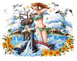  ;d animal bangle bikini bird bodskih bracelet breasts brown_eyes brown_hair cleavage floating_hair flower green_bikini hibiscus jewelry large_breasts long_hair nami_(one_piece) navel one_eye_closed one_piece open_mouth orange_flower outdoors ponytail seagull shiny shiny_skin sideboob smile solo standing swimsuit transparent_background underboob water white_flower 