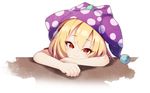  bare_arms blonde_hair clownpiece commentary_request hat head_tilt jester_cap leaning_forward looking_at_viewer polka_dot purple_hat red_eyes smile solo table touhou upper_body white_background z.o.b 