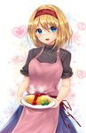  :d absurdres alice_margatroid apron black_sweater blonde_hair blue_eyes food hairband heart highres holding holding_plate looking_at_viewer open_mouth phano_(125042) pink_apron plate red_hairband short_hair smile solo steam sweater touhou turtleneck turtleneck_sweater 