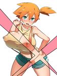  1girl alternate_breast_size bar_censor bare_shoulders blue_eyes blue_shorts blush breasts censored collarbone denim erect_nipples eyebrows_visible_through_hair furau-ru hair_tie hand_on_hip hand_up highres huge_breasts kasumi_(pokemon) legs_apart looking_up navel nipples open_mouth orange_hair pokemon pokemon_(anime) ponytail pussy revealing_cutout shirt short_hair short_shorts short_sidetail shorts side_ponytail simple_background sleeveless sleeveless_shirt smile solo standing suspenders teeth tied_hair tongue white_background yellow_shirt 