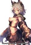  :d animal_ears artist_name breasts brown_eyes gauntlets granblue_fantasy grey_hair looking_at_viewer medium_breasts nipples open_mouth patreon_username redcomet sen_(granblue_fantasy) sideboob simple_background skirt smile solo watermark web_address white_background 