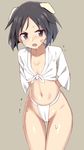  animal_ears arms_behind_back black_hair blush brave_witches breasts brown_background cameltoe fundoshi glastonbury1966 japanese_clothes kanno_naoe leaning_forward looking_at_viewer navel open_mouth purple_eyes short_hair simple_background small_breasts solo sweat world_witches_series 