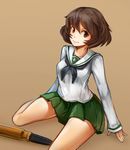  akiyama_yukari arceonn bangs black_neckwear blouse brown_background brown_eyes brown_hair closed_mouth girls_und_panzer green_skirt long_sleeves looking_at_viewer messy_hair miniskirt neckerchief ooarai_school_uniform pleated_skirt school_uniform serafuku short_hair simple_background sitting skirt smirk solo tank_shell white_blouse yokozuwari 