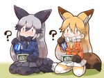  :&lt; ? animal_ears black_gloves black_skirt blonde_hair blue_jacket bow bowtie closed_eyes donbee_(food) dripping ezo_red_fox_(kemono_friends) food fox_ears fox_tail gloves gradient_hair gradient_legwear jacket kemono_friends kemonomimi_mode long_hair multicolored_hair multiple_girls necktie nissin orange_jacket pantyhose pleated_skirt product_placement seiza shoes silver_fox_(kemono_friends) silver_hair sitting skirt tail tanaka_kusao wet white_skirt |_| 