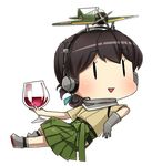  aircraft airplane alcohol brown_hair chibi commentary cup drinking_glass fairy_(kantai_collection) folded_ponytail full_body gloves grey_gloves hakama headphones holding holding_cup japanese_clothes kantai_collection kasuga_maru_(kantai_collection) open_mouth remodel_(kantai_collection) single_glove smile solid_oval_eyes solo taiyou_(kantai_collection) triangle_mouth wine wine_glass yamashiki_(orca_buteo) 