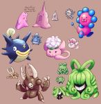  :d animon brown_background claws creature creatures_(company) cubicflan ditto english eye_contact eyes_closed fangs fish game_freak gen_1_pokemon grin happy highres horn horns jaranra looking_at_another looking_at_viewer monja nintendo no_humans one-eyed open_mouth plucks_(pokemon) pokemon pokemon_(creature) pokemon_(game) pokemon_gsc pokemon_gsc_beta porygon2_(beta) shibirefugu simple_background smile sprites wataneko 