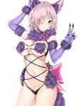  animal_ear_fluff animal_ears arm_up bangs black_panties blush bow breasts closed_mouth cowboy_shot dangerous_beast elbow_gloves eyebrows_visible_through_hair fate/grand_order fate_(series) fox_ears fox_tail fur-trimmed_gloves fur_collar fur_trim gloves hair_over_one_eye hand_up highres large_bow large_breasts looking_at_viewer mash_kyrielight navel o-ring o-ring_bottom o-ring_top panties purple_bow purple_eyes purple_gloves purple_hair revealing_clothes short_hair silver_(chenwen) simple_background smile solo tail thighs tsurime underwear v white_background 
