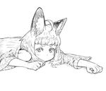  ahoge animal_ear_fluff animal_ears bangs blunt_bangs fox_ears fox_girl fox_girl_(jaco) greyscale jaco looking_at_viewer lying monochrome off-shoulder_sweater on_stomach original outstretched_arm ribbed_sweater short_hair simple_background sketch solo sweater thick_eyebrows upper_body white_background 
