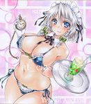  artist_name at_classics bangs bikini black_ribbon blue_bikini blue_eyes blush bow braid breasts closed_mouth covered_nipples cowboy_shot cup detached_collar drinking_glass drinking_straw eyebrows_visible_through_hair gloves green_bow hair_between_eyes hair_bow holding holding_tray izayoi_sakuya large_breasts looking_at_viewer maid_headdress navel neck_ribbon pocket_watch ribbon sample short_hair side-tie_bikini side_braid silver_hair smile solo swimsuit touhou traditional_media tray twin_braids watch watermark white_gloves 