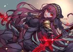  bodysuit covered_navel eyebrows_visible_through_hair fate/grand_order fate_(series) floating_hair hair_between_eyes holding holding_weapon jigenn long_hair looking_at_viewer parted_lips polearm purple_hair red_eyes scathach_(fate)_(all) scathach_(fate/grand_order) solo spear very_long_hair weapon 