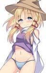  amashi_(qcmrq906) arms_behind_back ass_visible_through_thighs bad_id bad_pixiv_id blonde_hair blue_eyes blue_panties blush breasts brown_hat closed_mouth commentary_request cowboy_shot detached_sleeves hair_ribbon hat heart heart-shaped_pupils highres long_hair looking_at_viewer medium_breasts moriya_suwako navel panties red_ribbon ribbon sideboob simple_background smile solo striped striped_panties symbol-shaped_pupils touhou tress_ribbon turtleneck underwear vest white_background 