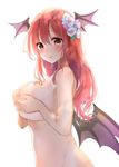  bangs blush breasts closed_mouth covering covering_breasts demon_wings flower hair_between_eyes hair_flower hair_ornament head_wings koakuma large_breasts long_hair looking_at_viewer natsuki_(ukiwakudasai) nude red_eyes red_hair simple_background solo tareme touhou wet white_background white_flower wings 