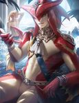  banned_artist blonde_hair day fins fishman gills hair_ornament jewelry link looking_at_viewer male_focus monster_boy multiple_boys muscle pointy_ears ponytail sakimichan sharp_teeth sidon teeth the_legend_of_zelda the_legend_of_zelda:_breath_of_the_wild water yellow_eyes zora 