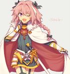  ;d astolfo_(fate) black_bow black_dress bow braid cape cowboy_shot dress fate/apocrypha fate/grand_order fate_(series) garter_straps gauntlets long_hair male_focus multicolored_hair one_eye_closed open_mouth otoko_no_ko pink_eyes pink_hair red_sailor_collar sailor_collar single_braid smile solo streaked_hair wusagi2 