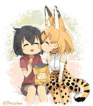  animal_ears black_hair blush chips closed_eyes duck_face eating elbow_gloves food fur_collar gloves high-waist_skirt kaban_(kemono_friends) kemono_friends multiple_girls orange_hair panzuban potato_chips pringle_duck print_gloves print_legwear print_neckwear print_skirt red_shirt serval_(kemono_friends) serval_ears serval_print serval_tail shirt short_hair shorts skirt sleeveless sleeveless_shirt striped_tail tail twitter_username 