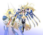  1girl blazblue blonde_hair blue_eyes bodysuit breasts headpiece long_hair mecha_musume mu-12 navel noel_vermillion small_breasts solo thighhighs 